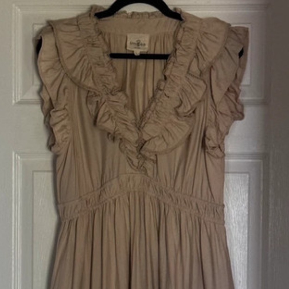 Umgee Taupe Ruffled V-Neck Maxi Dress